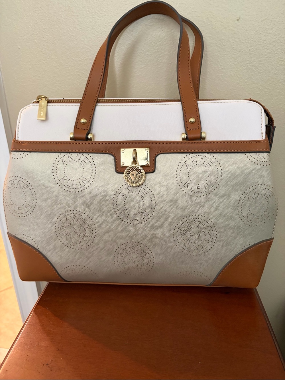 Anne Klein White and Tan Satchel with Gold Hardware